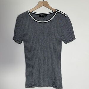 St. John Black and White Ribbed With Buttons Short Sleeve Top Size Medium